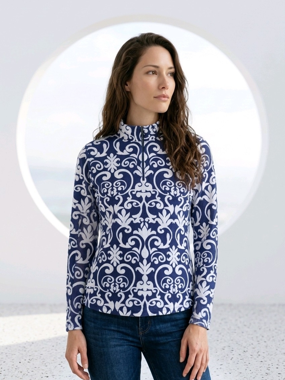IBKUL Navy and White Printed Quarter-Zip Long Sleeve Top